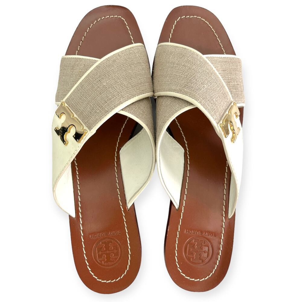 Tory Burch Culver Linen Crisscross Wedge Sandal Natural Ivory Women's Size 9.5M